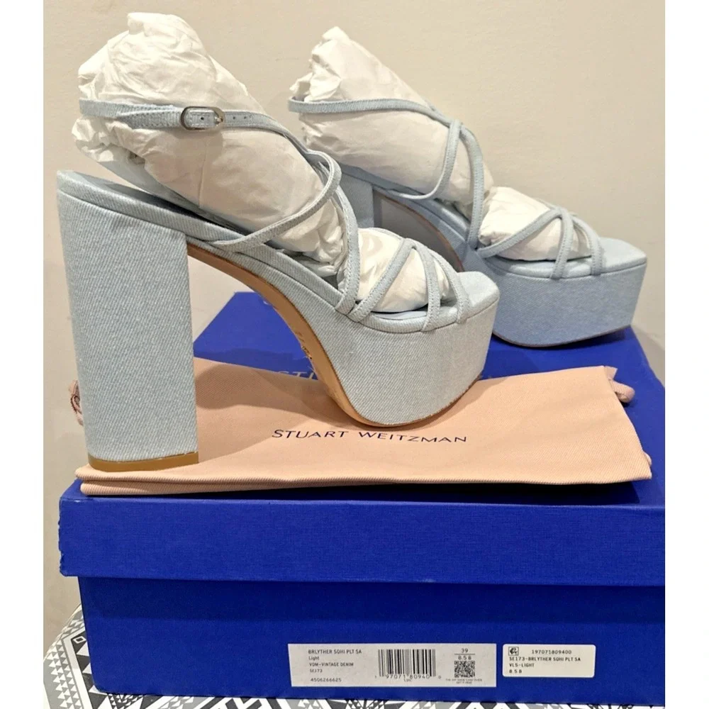 Stuart Weitzman EU 39/8.5B Barely There Sq Hi Platform Sandals Vint Light Denim